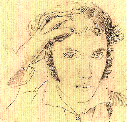Cette image est un dessin. Il s’agit d’un autoportrait dessiné au crayon sur un fond jaune, par Aimé-Adrien Taunay. L’auteur s’est représenté du pectoral au visage, porte une chemise et appuie une main sur la tête.
