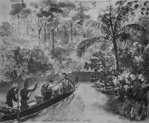 This image is a painting. Title: Riv.e Cubatão, près de Santos, 1825.
Artist: Aimé-Adrien Taunay. Medium and support: Watery nankin on paper. This is a painting of a landscape with a river surrounded by vegetation. At the center bottom part there is a canoe with four people. Two of them are sited while the other two at the canoe’s rear are paddling standing. At the painting’s center bottom there is an inscription with the title. The artist’s signature is at the right corner bottom.