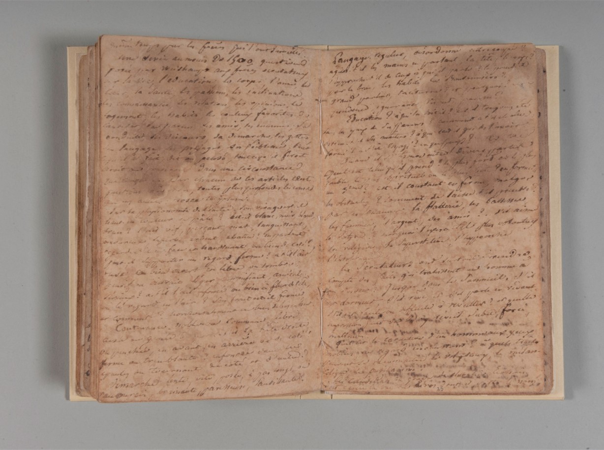 Esta imagem é uma fotografia. Nesta fotografia vê-se o caderno de Aimé-Adrien Taunay aberto no meio sobre uma superfície acinzentada. Neste, é possível visualizar inscrições manuscritas em tinta ferrogálica e manchas de umidade nas folhas.
