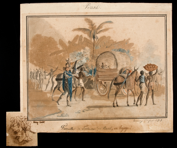 Esta imagem é uma pintura.
Título: Famille de l’intérieur du Brésil em Voyage (Família do interior do Brasil em viagem), 1818.
Autor: Aimé-Adrien Taunay.
Técnica: Aquarela sobre papel.
A pintura apresenta um grupo de pessoas e cavalos em paisagem. É possível ver em primeiro plano negros escravizados, capatazes, cavalos com carga e carro de bois. Alguns detalhes da composição foram pintados em aquarela em tons de azul e laranja. A pintura está emoldurada por finas linhas. Acima da moldura superior lê-se “Brésil”. Abaixo da moldura inferior lê-se o título e a assinatura do autor.
Existe um detalhe no canto inferior esquerdo do papel, fora da moldura, que consiste na ilustração de uma cabeça humana de perfil.