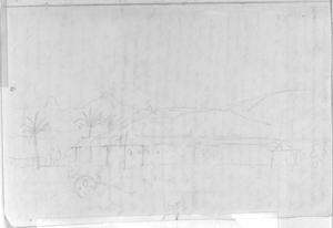 Esquisse d'une construction et relief montagneux en arrière-plan.  Page du manuscrit d'Aimé-Adrien Taunay. Archives Musée Paulista de l'USP (São Paulo)