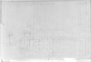 Esboço de construção e ao fundo relevo montanhoso.  Página do manuscrito de Aimé-Adrien Taunay
Acervo Museu Paulista da USP (São Paulo).